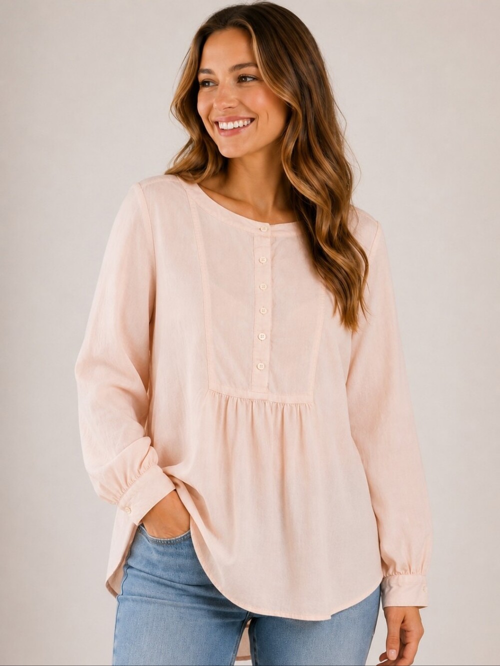 LOFT Blush Pink Peasant Blouse Boho Button Front Long Sleeve Rayon Top Sz XL